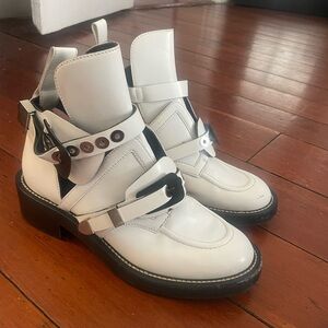 Balenciaga Ceinture White Black Leather Buckle Cut Out Short Ankle Combat Boot